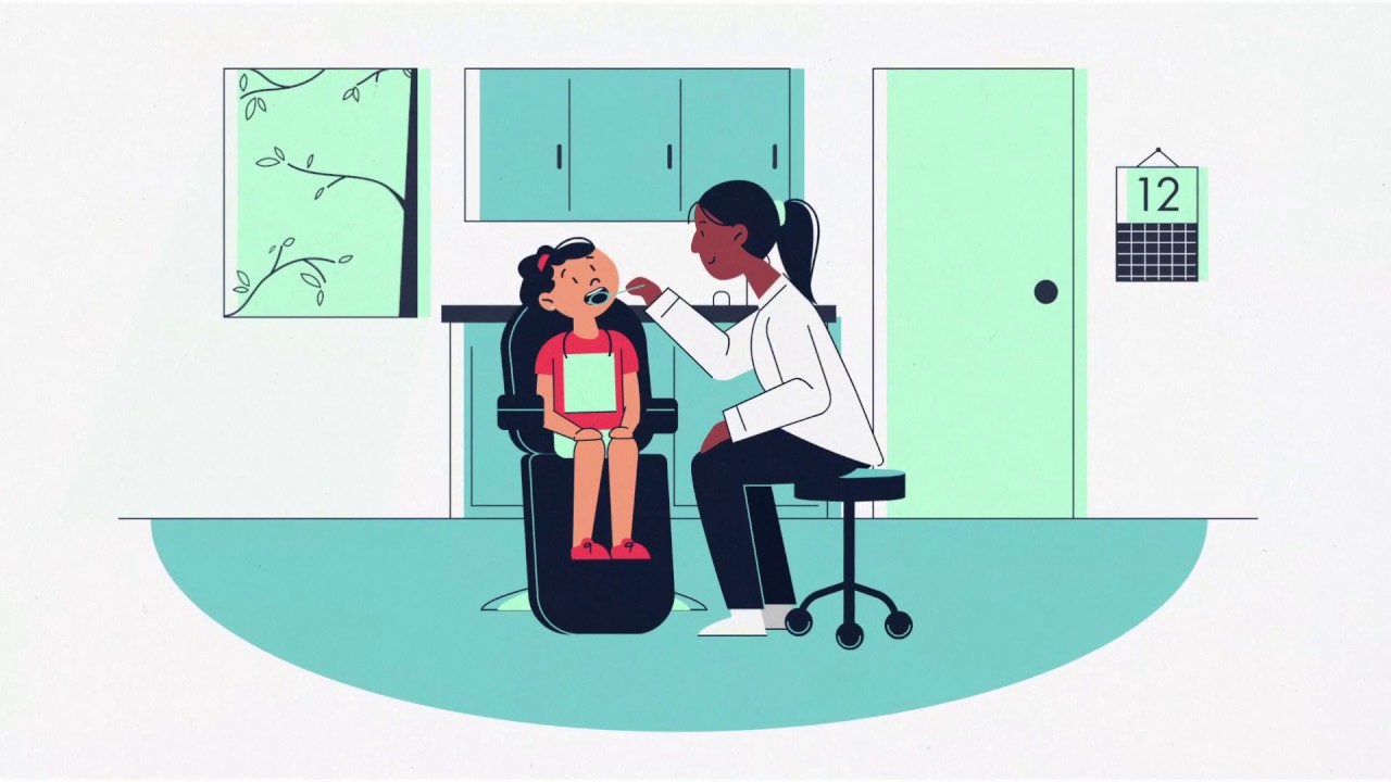 Cartoon image of a young girl in a dental chair, opening her mouth wide for a dental check-up.