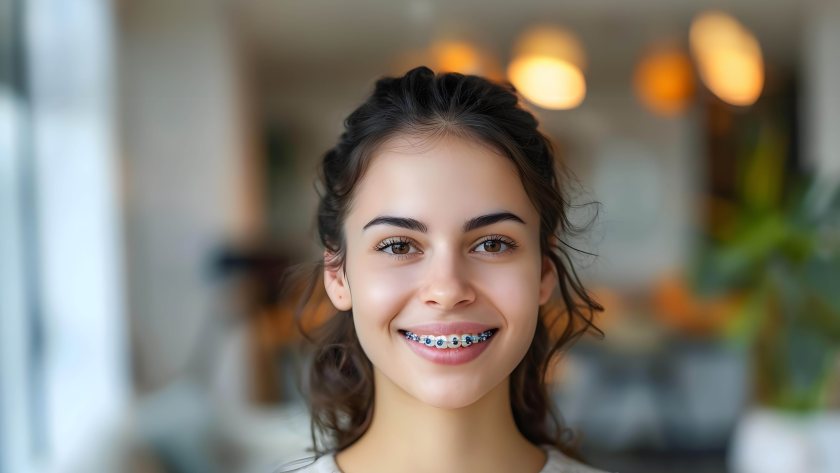 A young girl with wavy brown hair smiling and proudly showing off her braces.