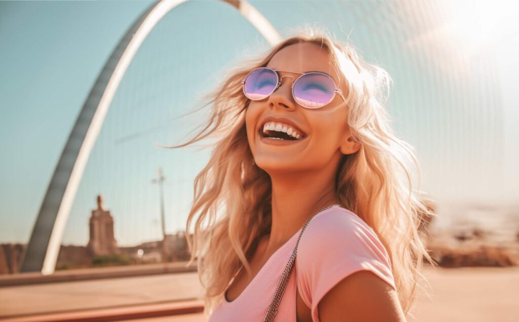 Smiling woman in sunglasses outdoors, the relaxed smile many patients want from Botox for gummy smile treatment